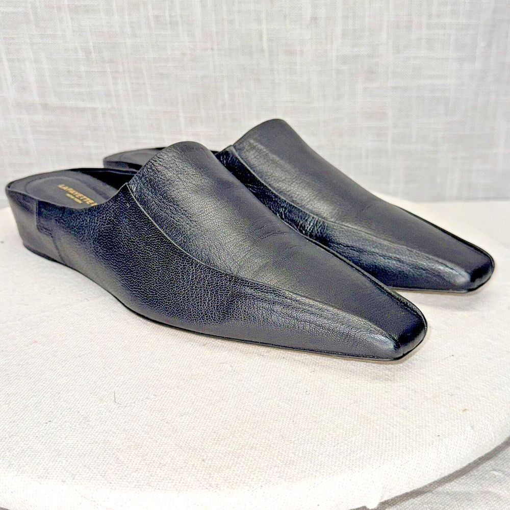 Lafayette 148 New York Leather Mules Womens 40 Black Square Toe Wedge Minimalist